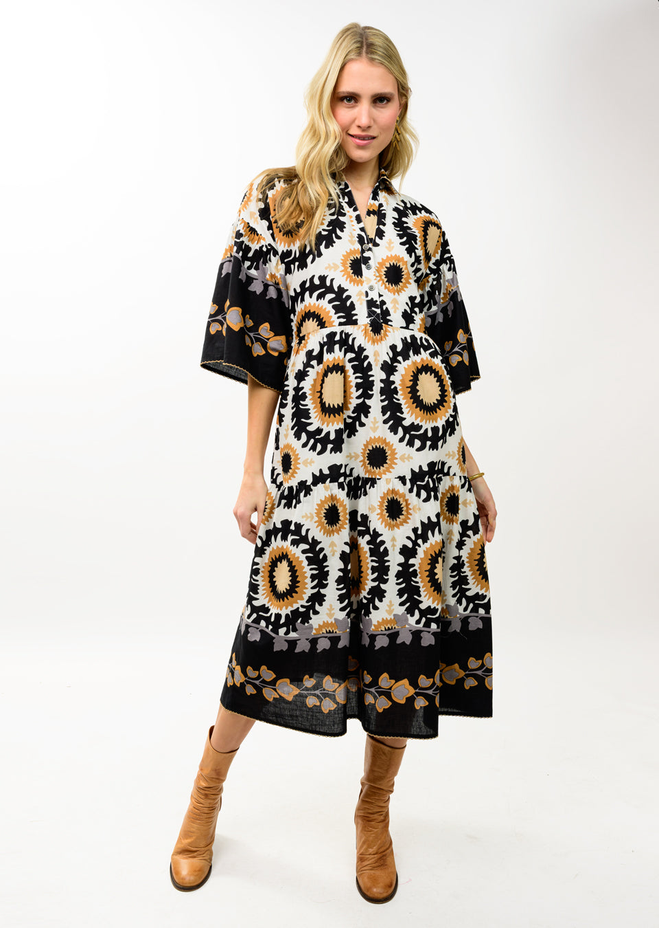 TIERED MAXI BORDER PRINT DRESS